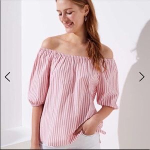 LOFT Tops - LOFT OFF SHOULDER PINK AND WHITE STRIPE SHORT SLEEVE TOP